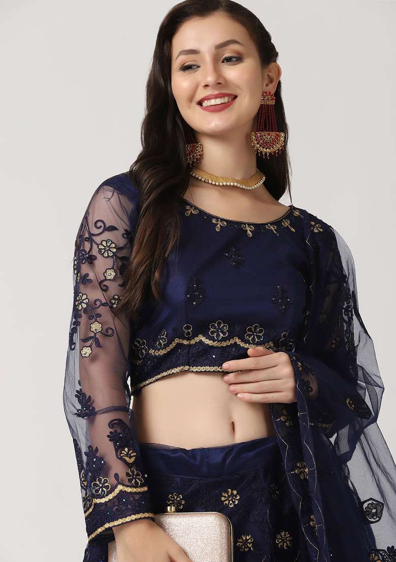 Blue Hand Net Lehenga Set with Embroidered for Diwali | Wedding & Festive Wear - Indya