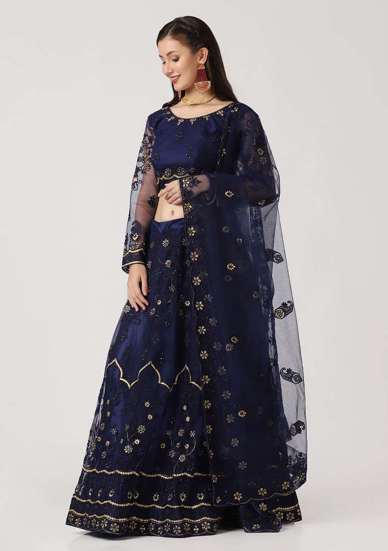 Blue Hand Net Lehenga Set with Embroidered for Diwali | Wedding & Festive Wear - Indya