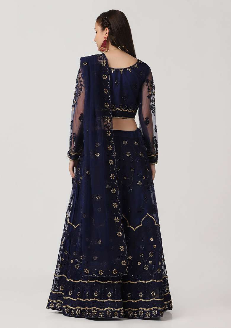 Blue Hand Net Lehenga Set with Embroidered for Diwali | Wedding & Festive Wear - Indya