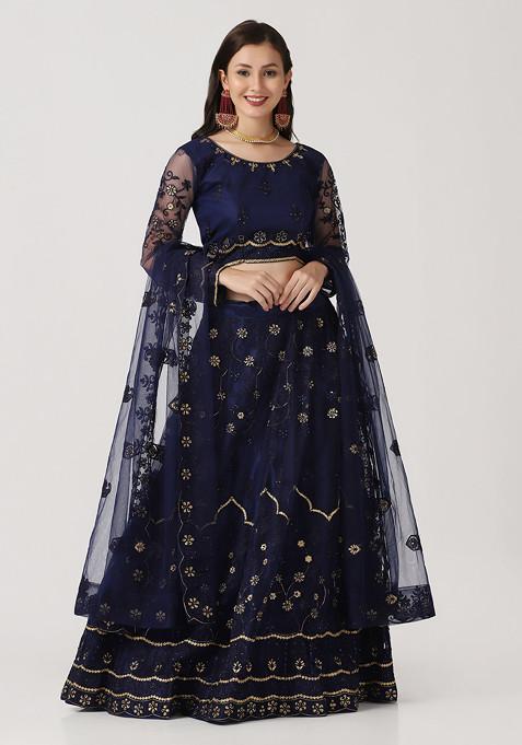 Blue Hand Embroidered Net Lehenga Set