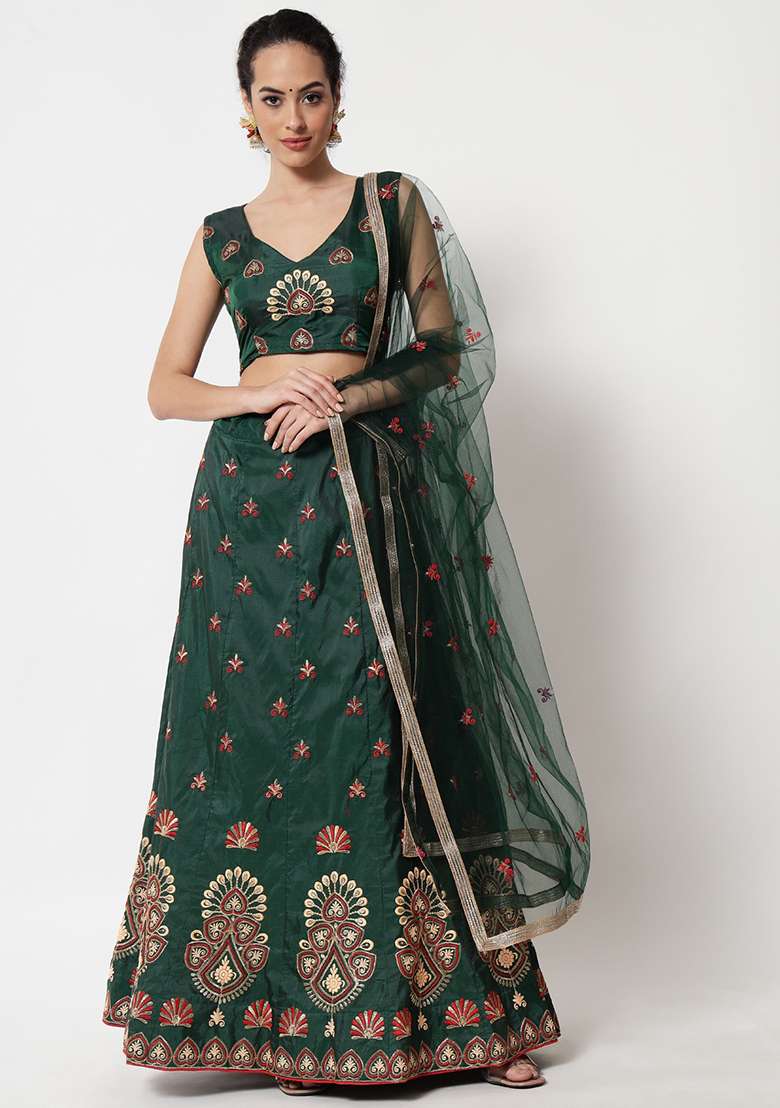 Green Hand Embroidered Taffeta Silk Blend Lehenga Set for Diwali and Festive Wear - Indya