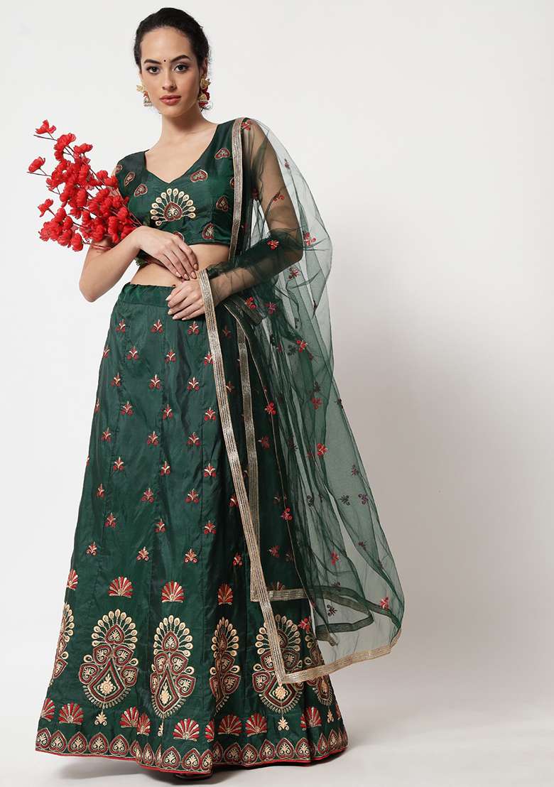 Green Hand Embroidered Taffeta Silk Blend Lehenga Set for Diwali and Festive Wear - Indya