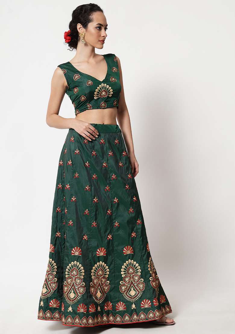 Green Hand Embroidered Taffeta Silk Blend Lehenga Set for Diwali and Festive Wear - Indya