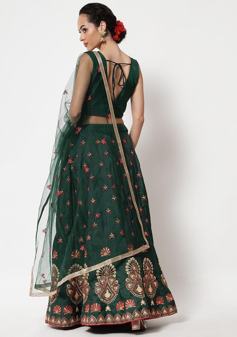 Green Hand Embroidered Taffeta Silk Lehenga Set - Indya