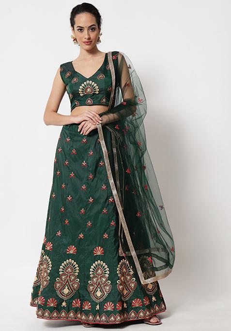 Green Hand Embroidered Taffeta Silk Lehenga Set