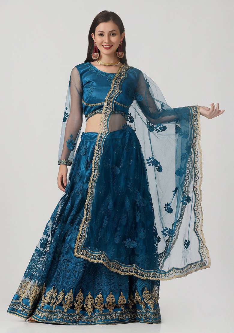 Rama Hand Net Lehenga Set with Embroidered for Diwali | Wedding & Festive Wear - Indya