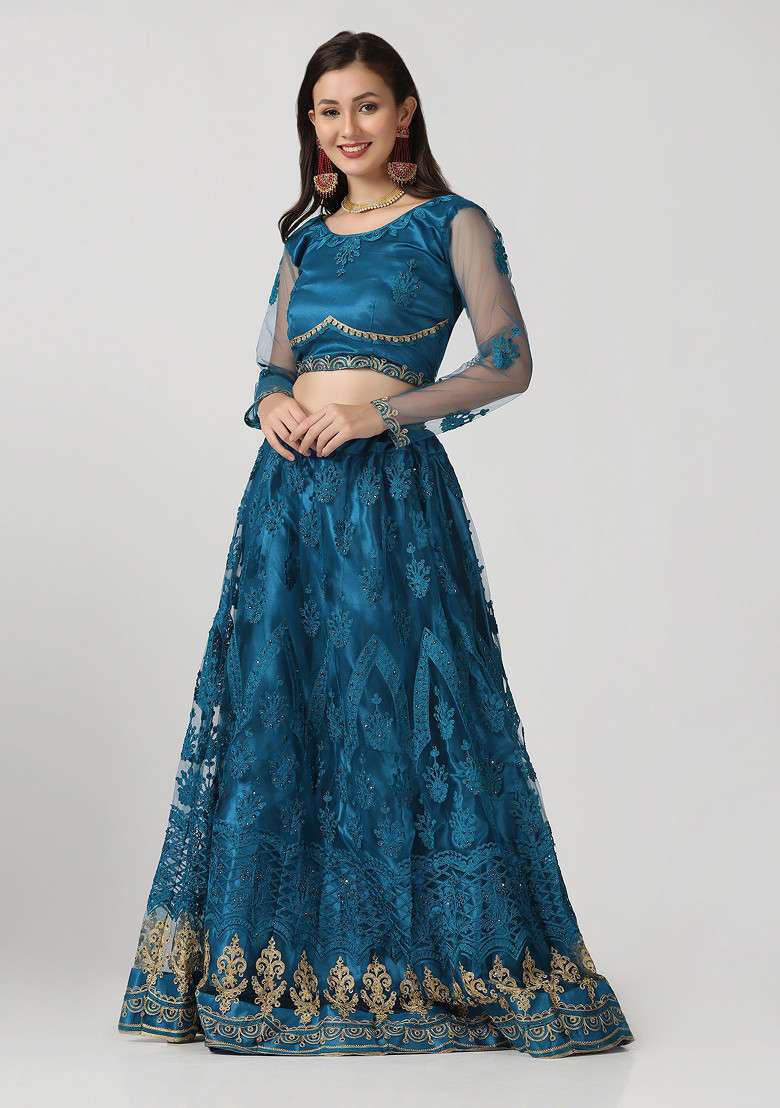 Rama Hand Net Lehenga Set with Embroidered for Diwali | Wedding & Festive Wear - Indya