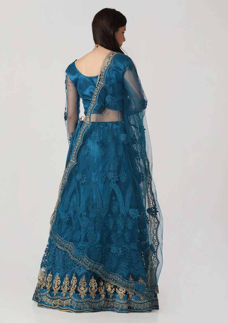 Rama Hand Net Lehenga Set with Embroidered for Diwali | Wedding & Festive Wear - Indya