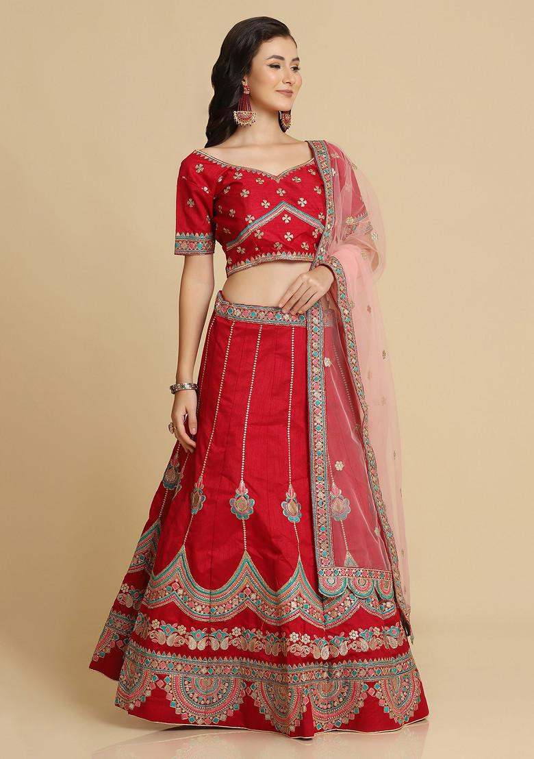 Maroon Hand Embroidered Taffeta Silk Lehenga Set