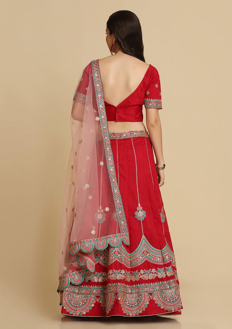 Maroon Hand Embroidered Taffeta Silk Lehenga Set