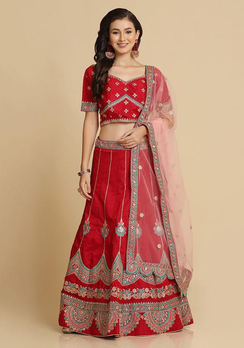 Maroon Hand Embroidered Taffeta Silk Lehenga Set