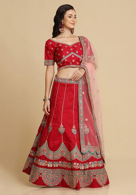 Maroon Hand Embroidered Taffeta Silk Lehenga Set