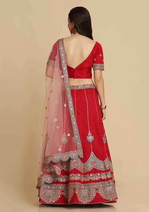 Maroon Hand Embroidered Taffeta Silk Lehenga Set