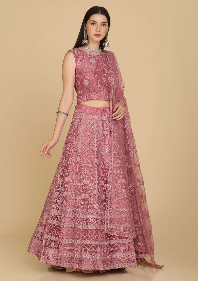 Dusty Pink Hand Embroidered Net Lehenga Set for Diwali and Festive Wear - Indya