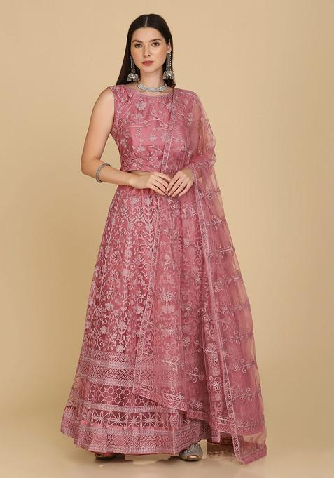 Dusty Pink Hand Embroidered Net Lehenga Set