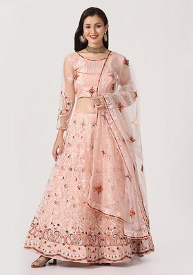 Pink Embroidered Net Lehenga Set