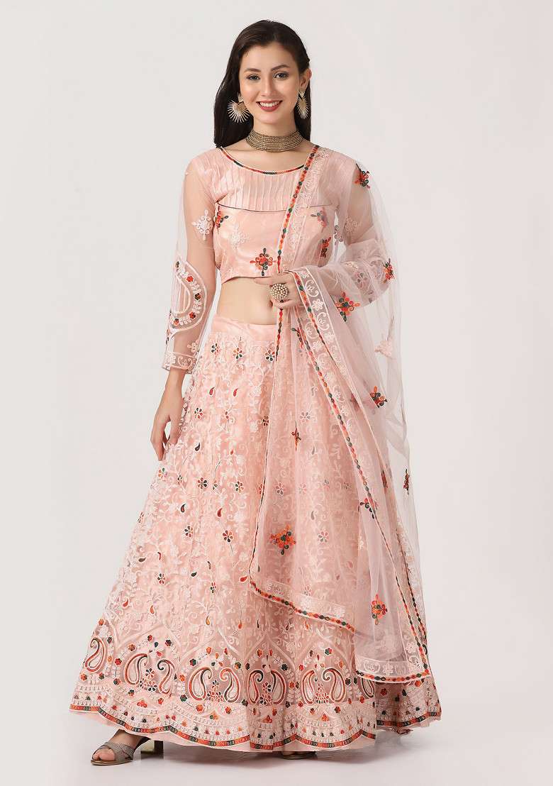 Pink Embroidered Net Lehenga Set for Diwali and Festive Wear - Indya