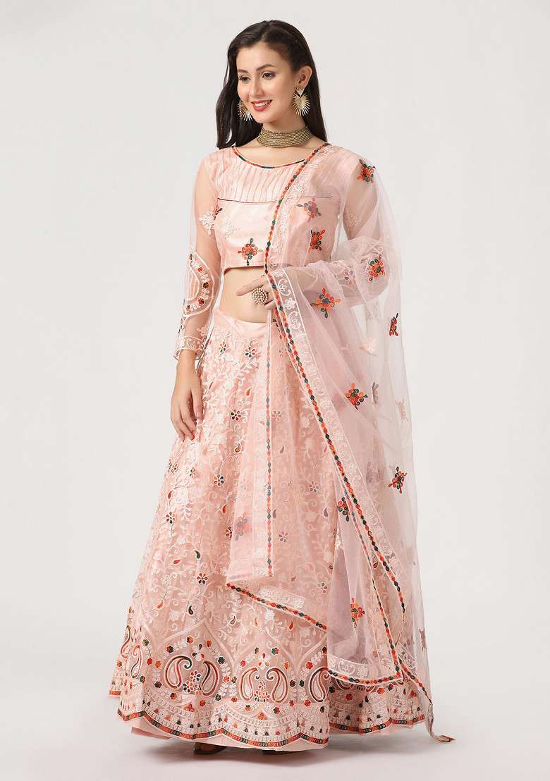 Pink Embroidered Net Lehenga Set for Diwali and Festive Wear - Indya