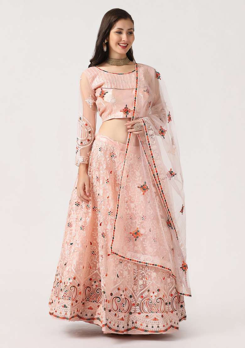 Pink Embroidered Net Lehenga Set for Diwali and Festive Wear - Indya