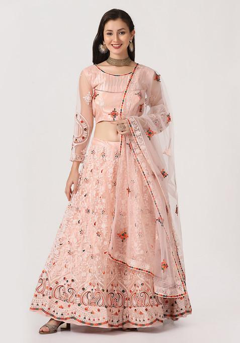 Pink Embroidered Net Lehenga Set