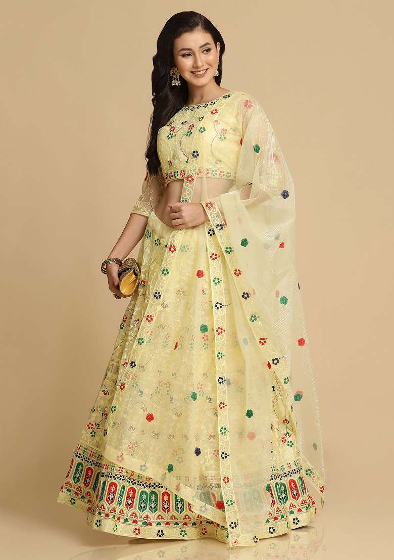 Yellow Net Lehenga Set with Embroidered for Diwali | Wedding & Festive Wear - Indya