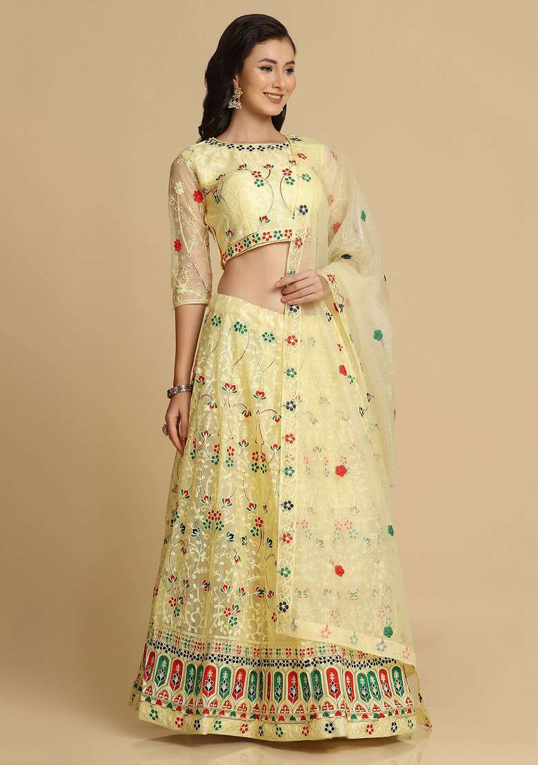 Yellow Net Lehenga Set with Embroidered for Diwali | Wedding & Festive Wear - Indya