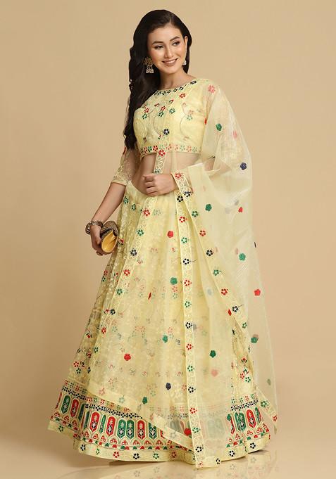 Yellow Embroidered Net Lehenga Set