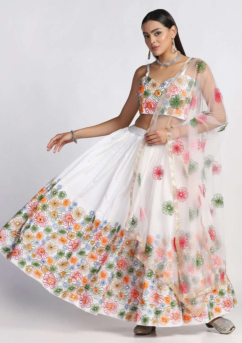 White Taffeta Silk Blend Lehenga Set with Embroidered for Diwali | Wedding & Festive Wear - Indya
