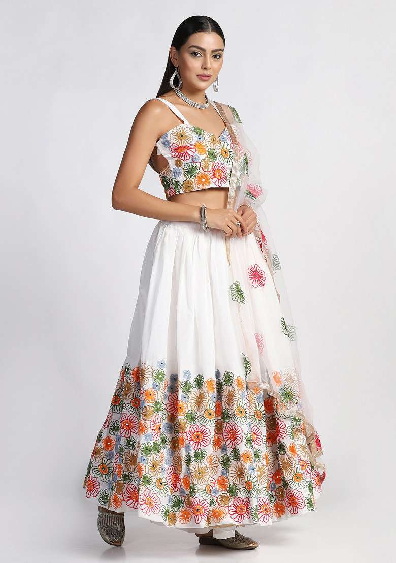 White Taffeta Silk Blend Lehenga Set with Embroidered for Diwali | Wedding & Festive Wear - Indya