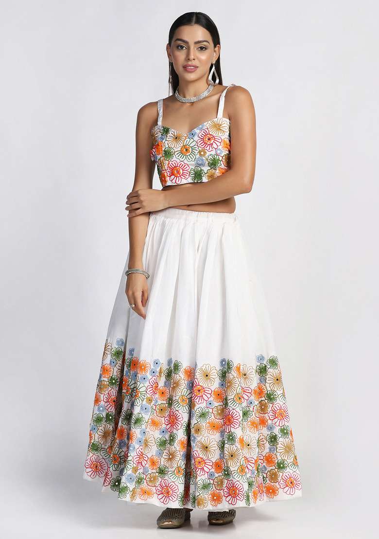 White Taffeta Silk Blend Lehenga Set with Embroidered for Diwali | Wedding & Festive Wear - Indya