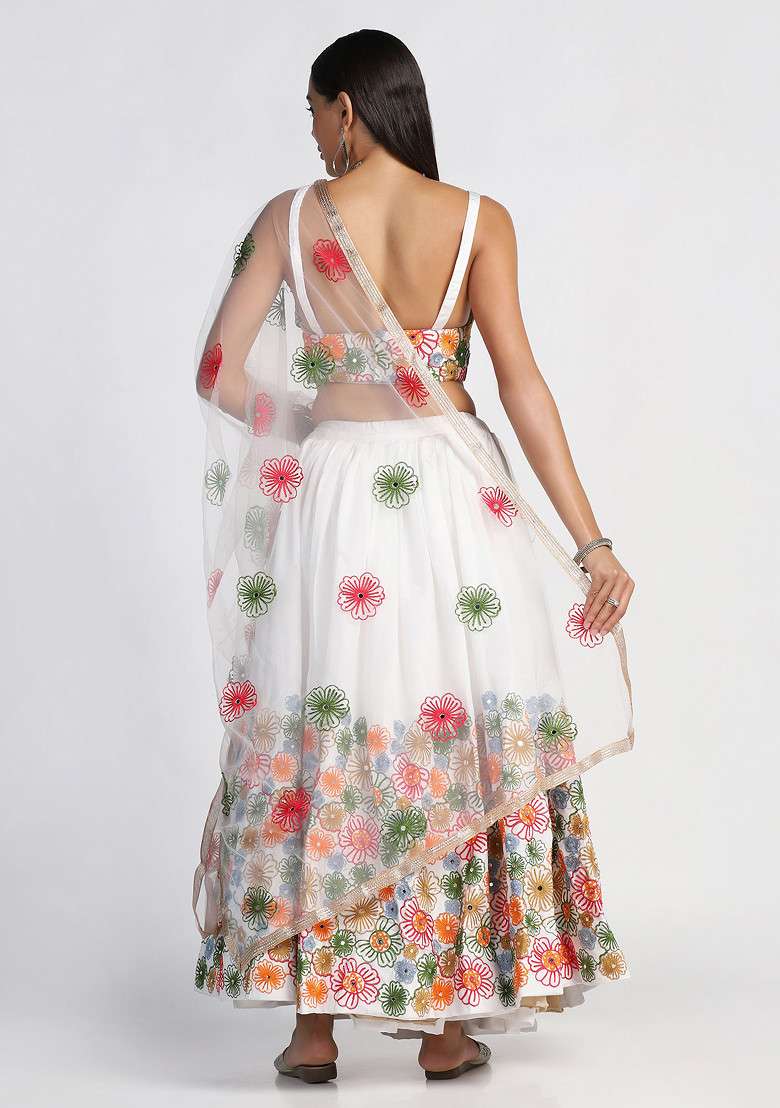 White Taffeta Silk Blend Lehenga Set with Embroidered for Diwali | Wedding & Festive Wear - Indya