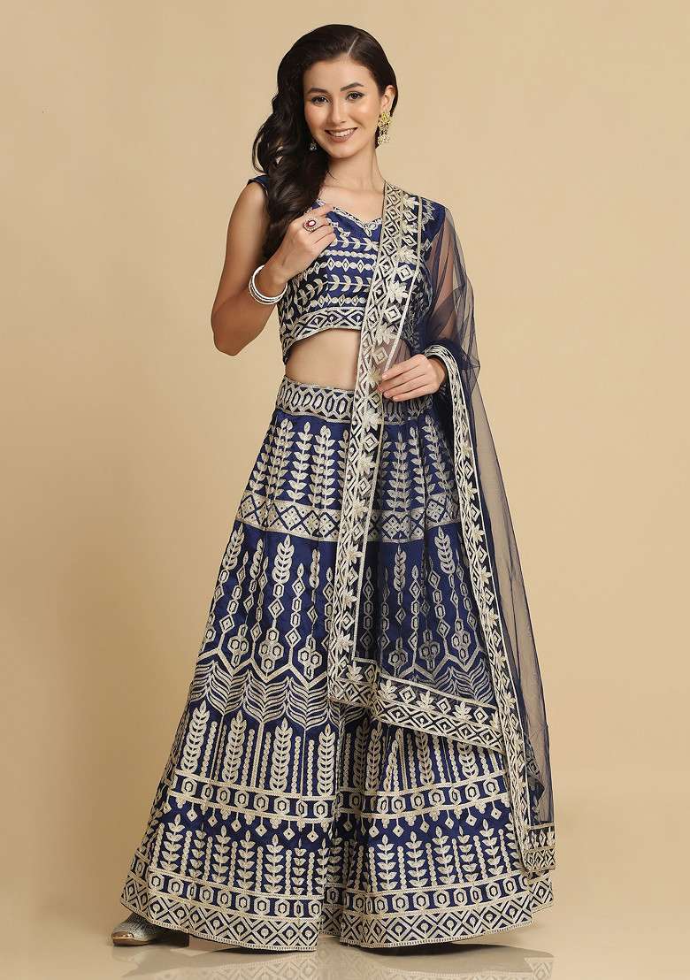 Blue Taffeta Silk Blend Lehenga Set with Embroidered for Diwali | Wedding & Festive Wear - Indya