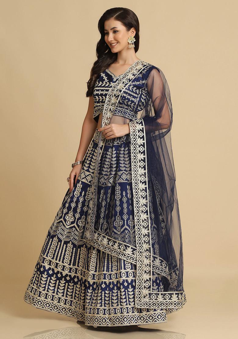 Blue Embroidered Taffeta Silk Lehenga Set - Indya