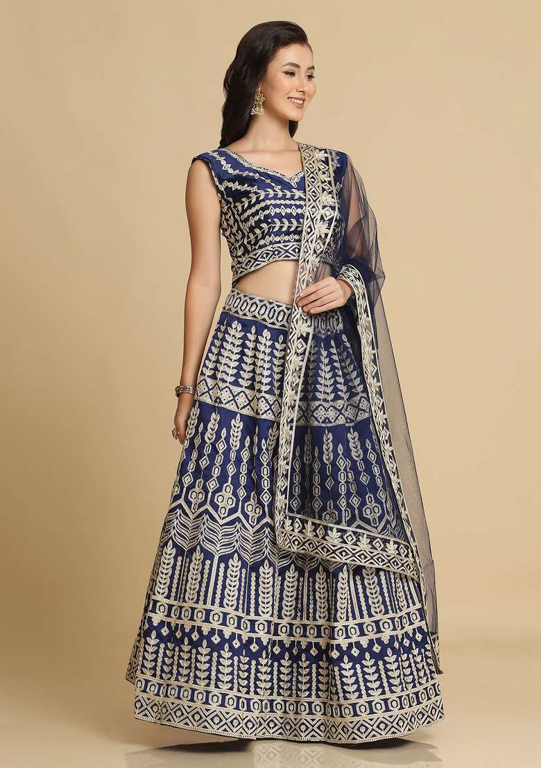 Blue Taffeta Silk Blend Lehenga Set with Embroidered for Diwali | Wedding & Festive Wear - Indya