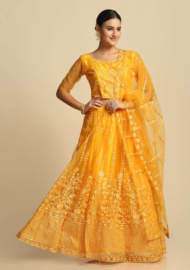 Yellow Embroidered Taffeta Silk Blend Lehenga Set for Diwali and Festive Wear - Indya