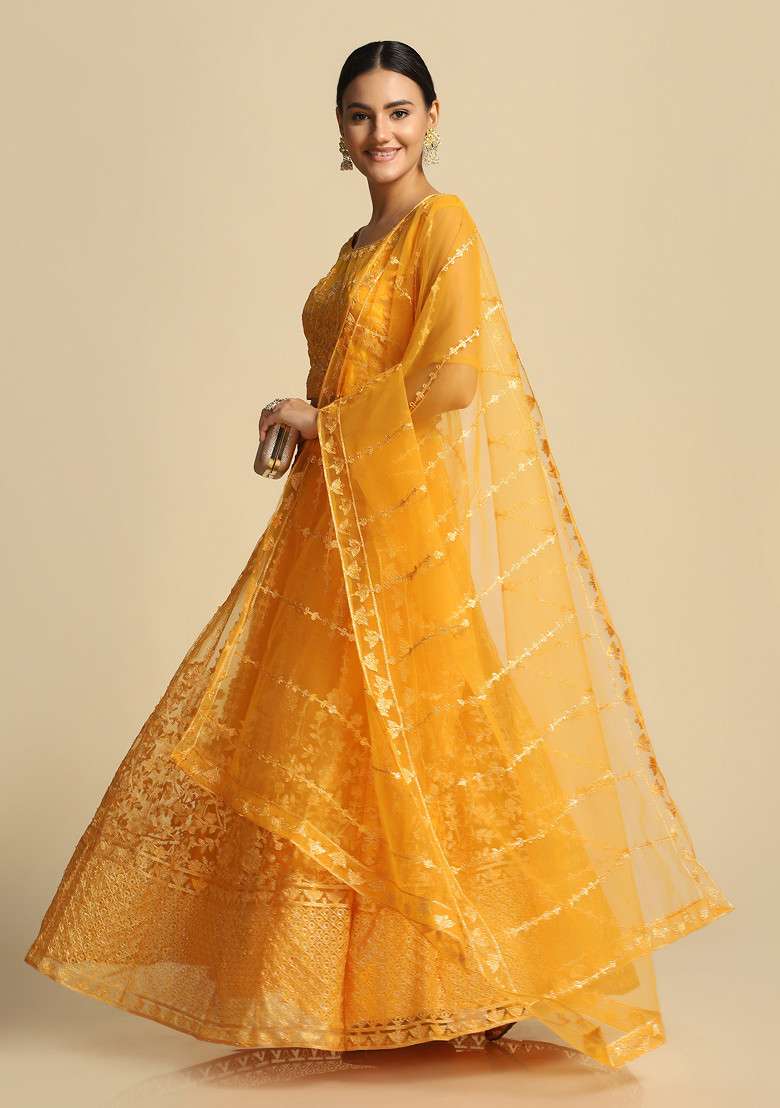 Yellow Embroidered Taffeta Silk Blend Lehenga Set for Diwali and Festive Wear - Indya