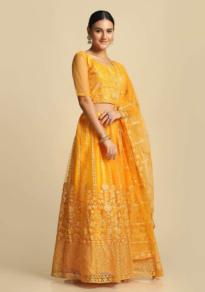 Yellow Embroidered Taffeta Silk Blend Lehenga Set for Diwali and Festive Wear - Indya