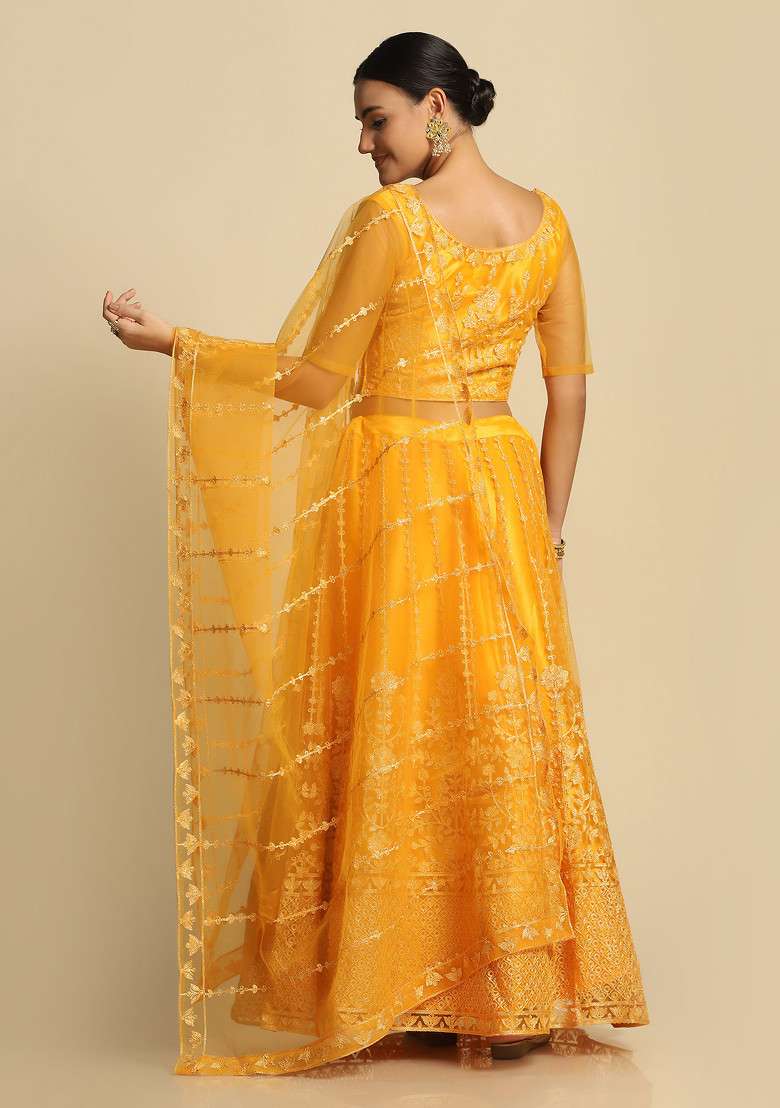Yellow Embroidered Taffeta Silk Blend Lehenga Set for Diwali and Festive Wear - Indya