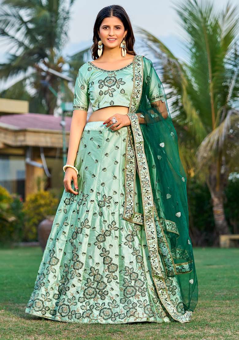 Green Embroidered Satin Lehenga Set for Diwali and Festive Wear - Indya