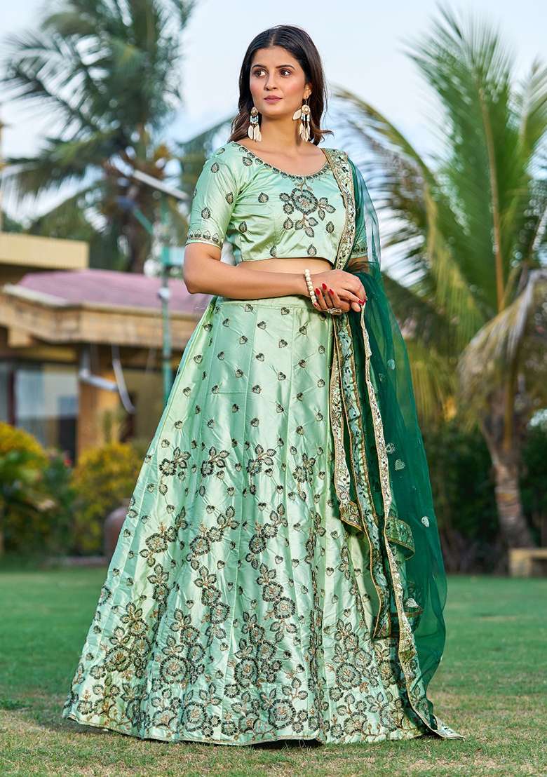 Green Embroidered Satin Lehenga Set for Diwali and Festive Wear - Indya