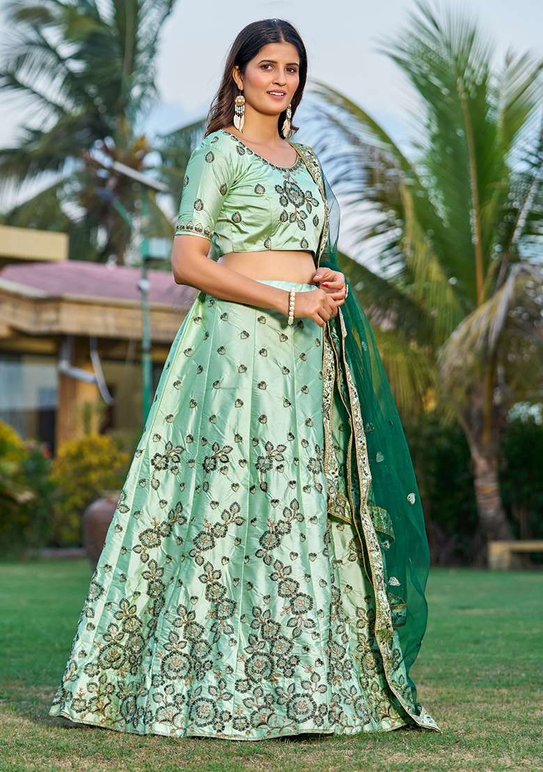 Green Embroidered Satin Lehenga Set for Diwali and Festive Wear - Indya