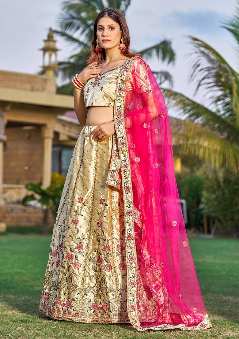 Cream Embroidered Satin Lehenga Set