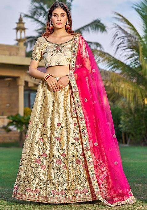 Cream Embroidered Satin Lehenga Set