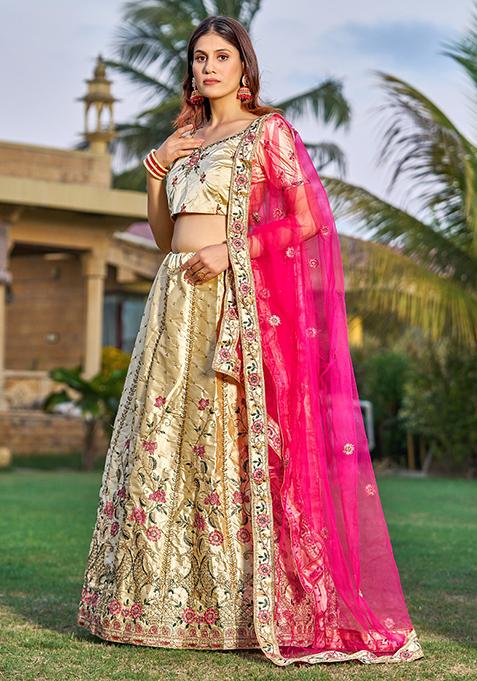 Cream Embroidered Satin Lehenga Set