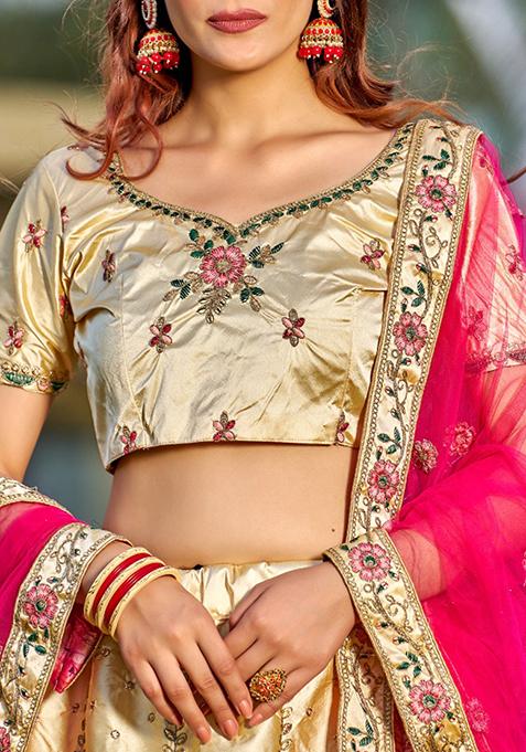 Cream Embroidered Satin Lehenga Set
