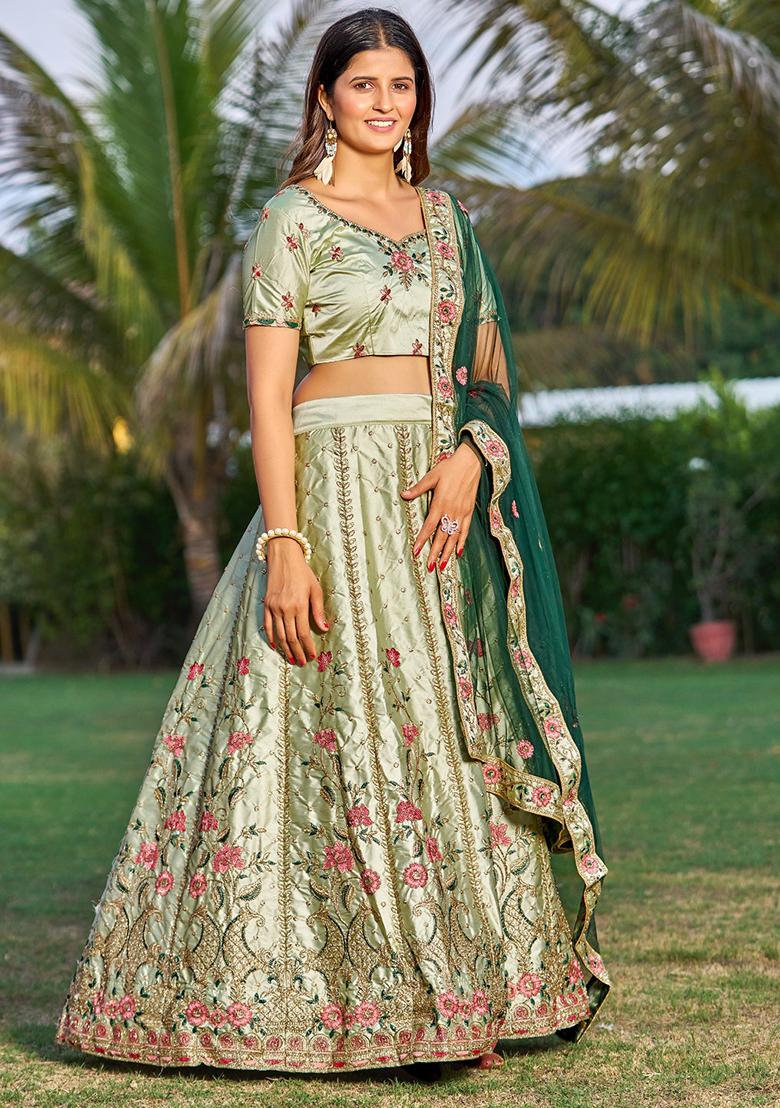 Light Green Embroidered Satin Lehenga Set