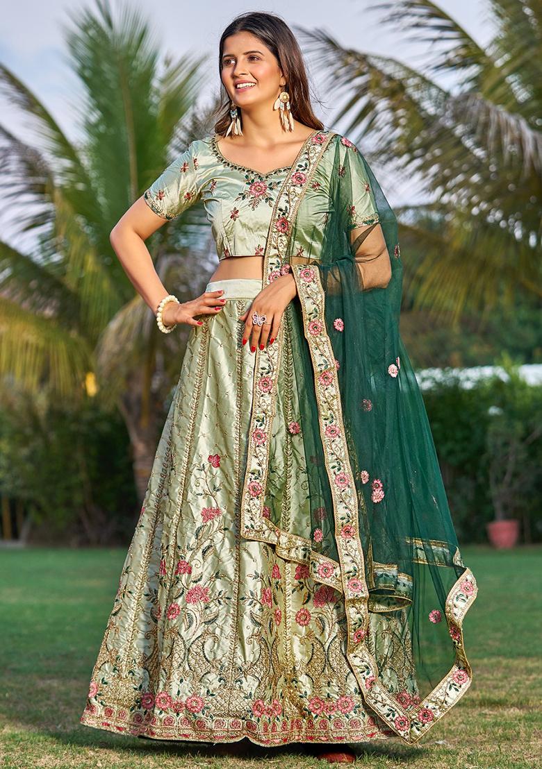 Light Green Embroidered Satin Lehenga Set