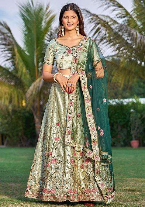 Light Green Embroidered Satin Lehenga Set