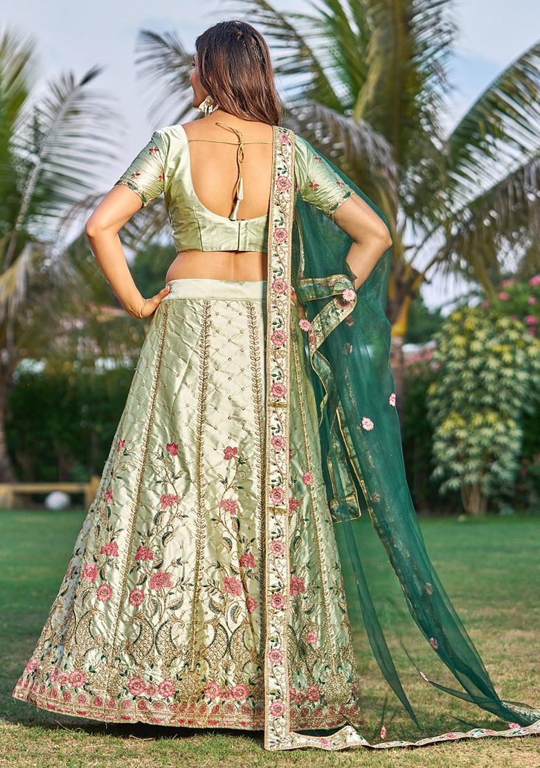 Light Green Embroidered Satin Lehenga Set