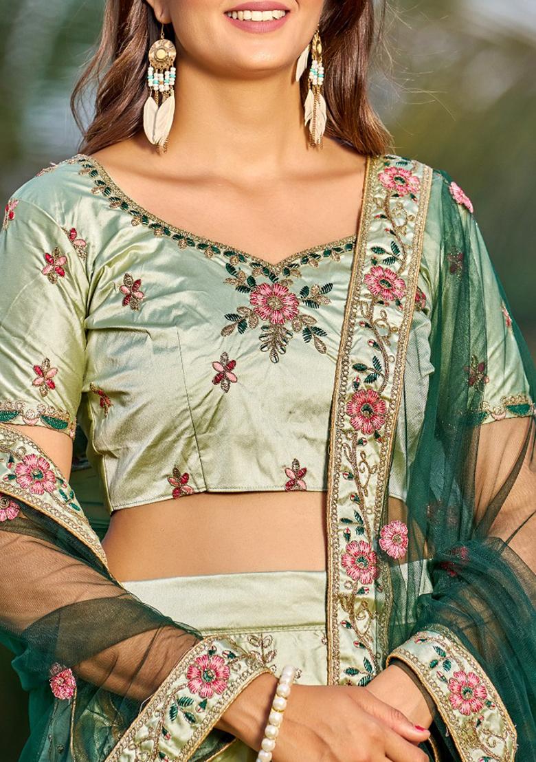 Light Green Embroidered Satin Lehenga Set